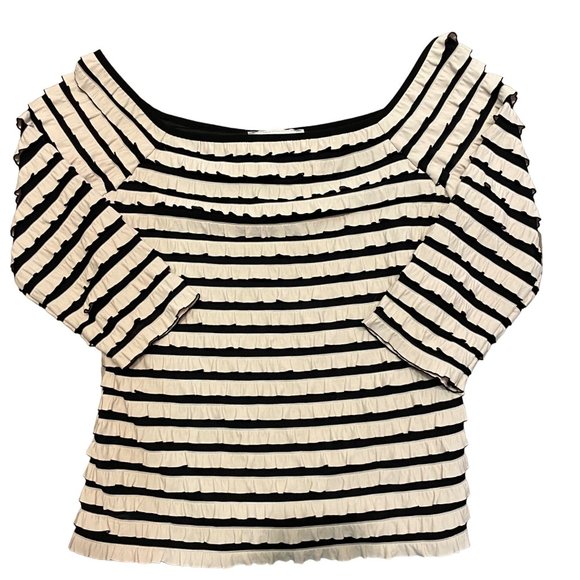 Joseph Ribkoff Cream Striped Ruffle Off The Shoulder Top 8 - Picture 1 of 6